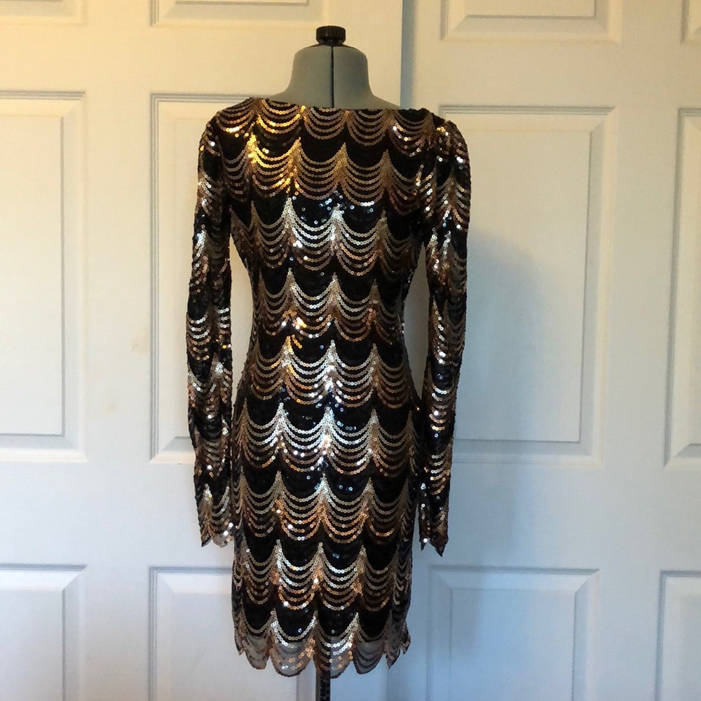 Charlotte Russe Black and Antique Gold Long Sleeve Cocktail Dress